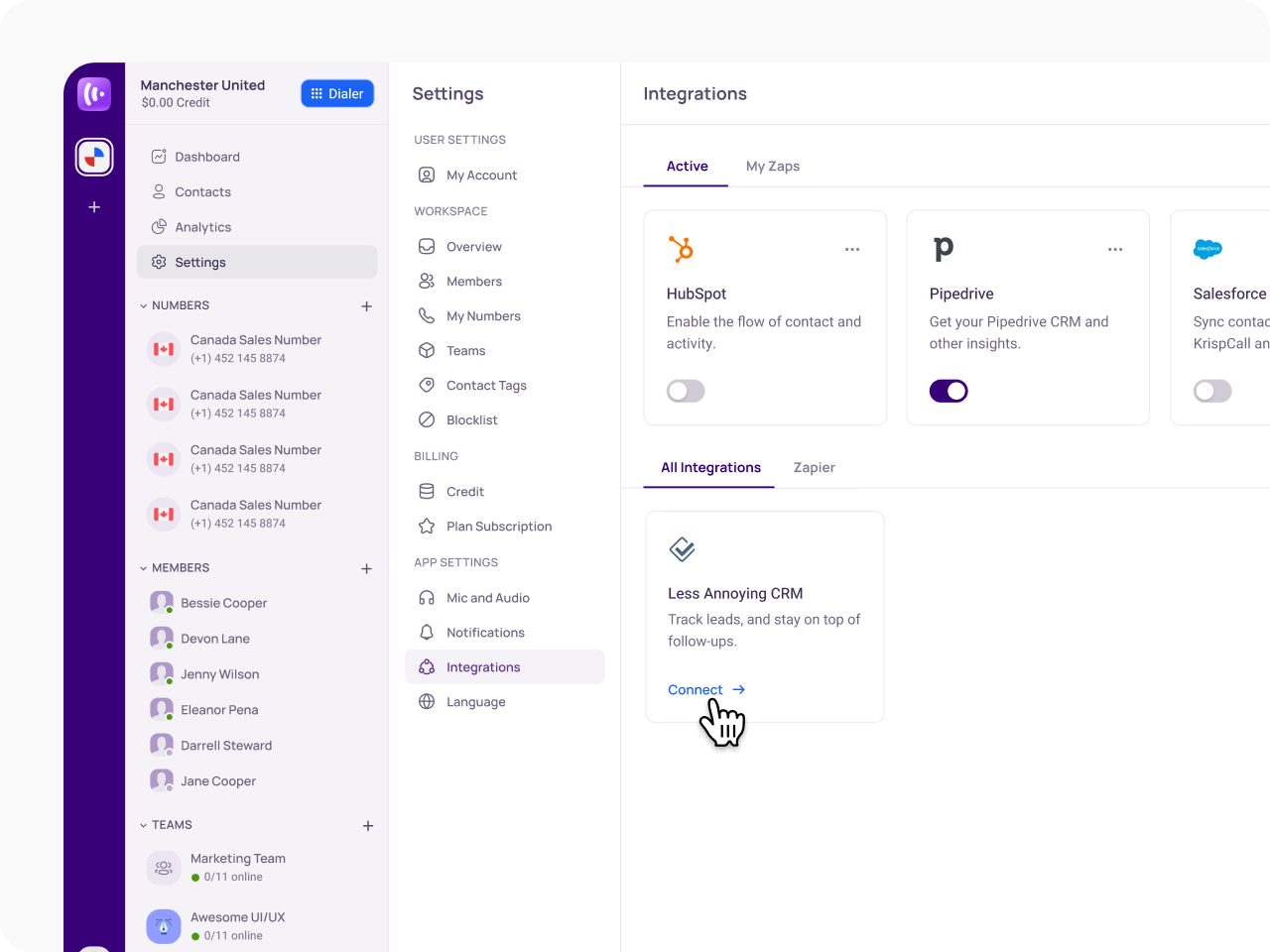 Access the Integration Menu and Select Less annoying CRM