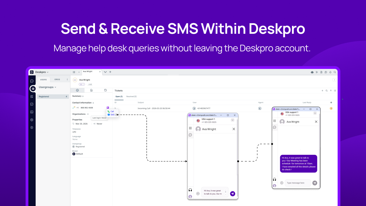 send and recerive sms within deskpro