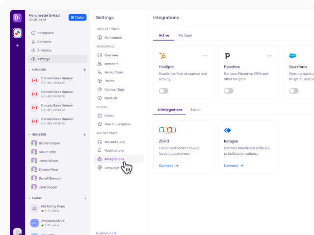 Settings and integrations keragon