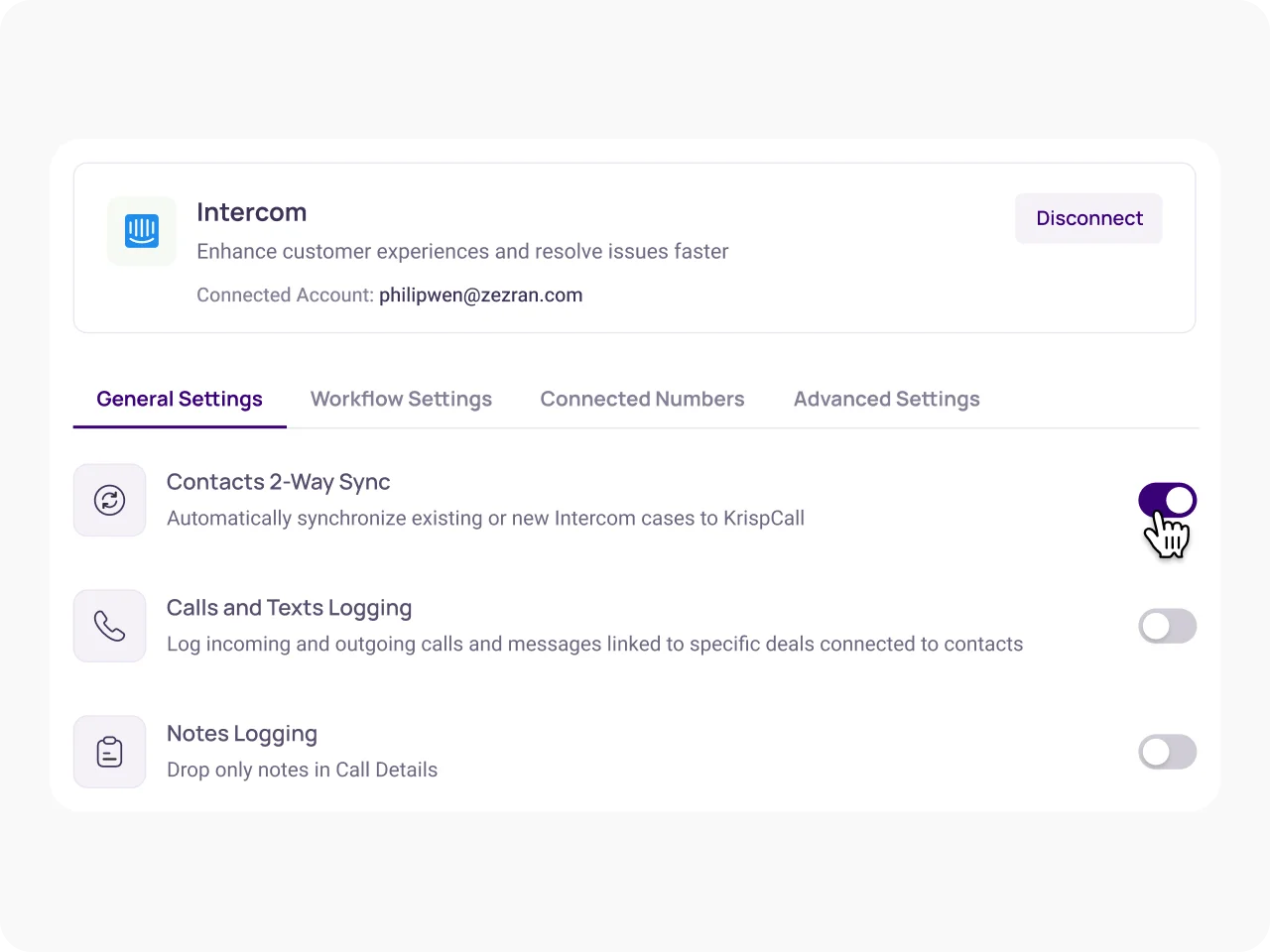 Access and Customize Integration Settings KrispCallxIntercom img