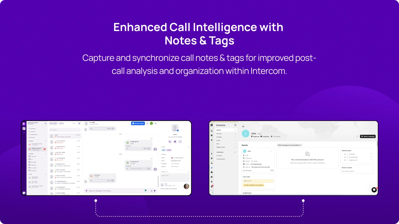Capture and synchronize call notes & tags for improved post-call analysis and organization within Intercom img
