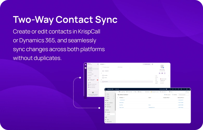 Create or edit contacts in KrispCall or Dynamics 365, and seamlessly sync changes across both platforms without duplicates mobile img