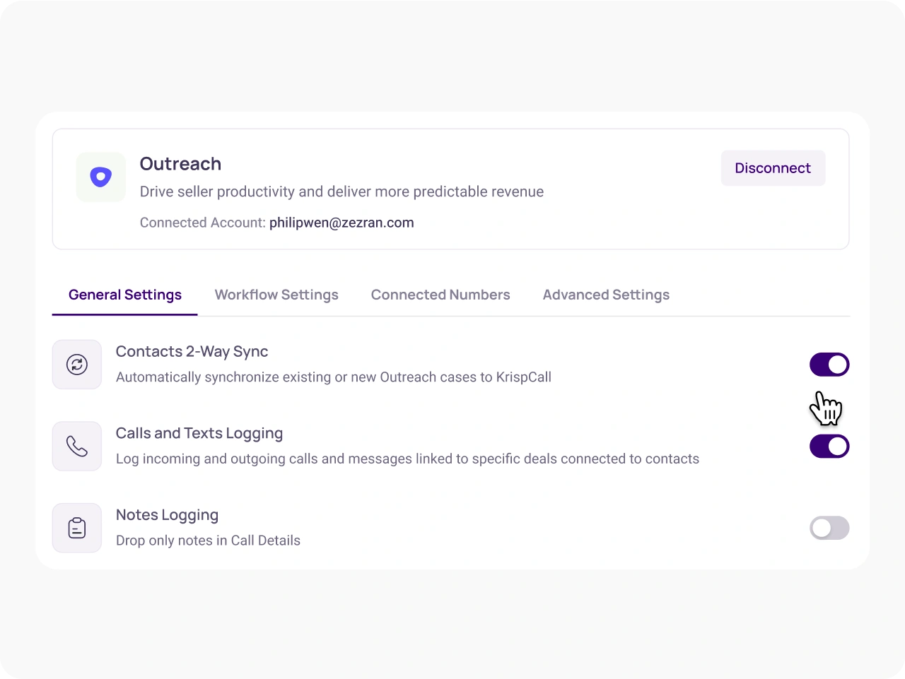Customize Integration Settings KrispCallxOutreach img