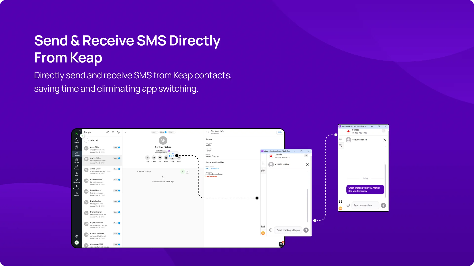 Directly send and receive SMS from Keap contacts, saving time and eliminating app switching img