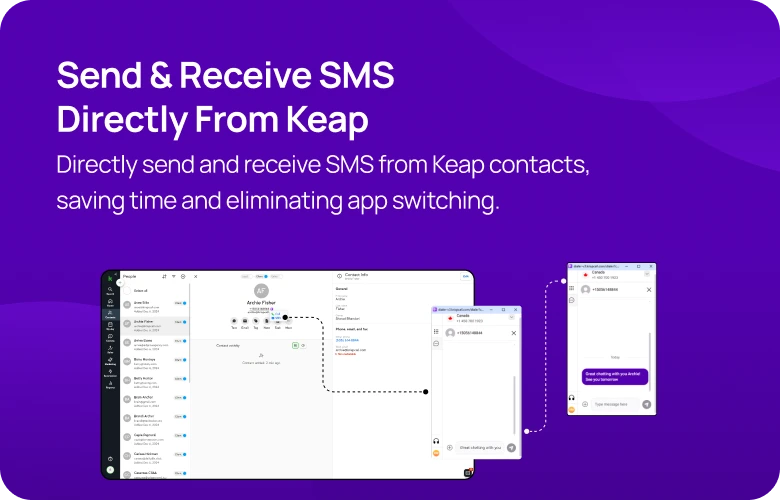 Directly send and receive SMS from Keap contacts, saving time and eliminating app switching mobile img
