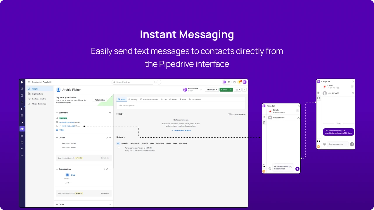 Easily send text messages to contacts directly from the Pipedrive interface KrispCallxPipedrive img