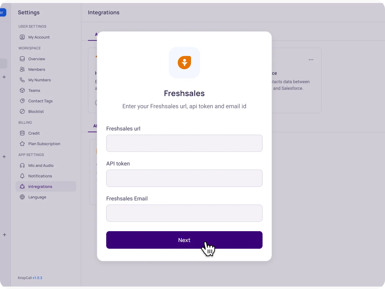 Enter Freshsales Credentials KrispCallxFreshsales img