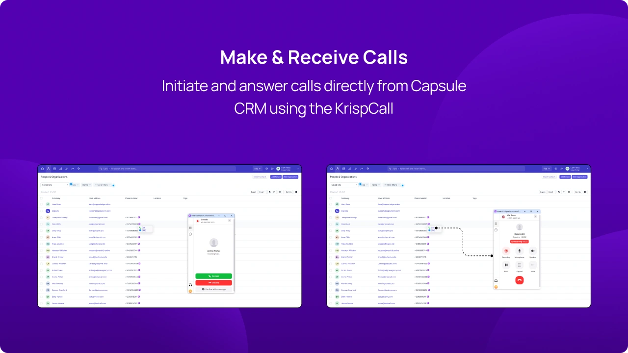 Initiate and answer calls directly from Capsule CRM using the KrispCall img