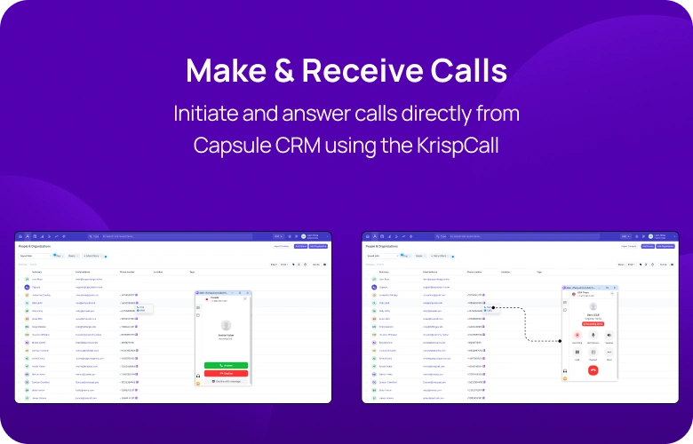 Initiate and answer calls directly from Capsule CRM using the KrispCall mobile img
