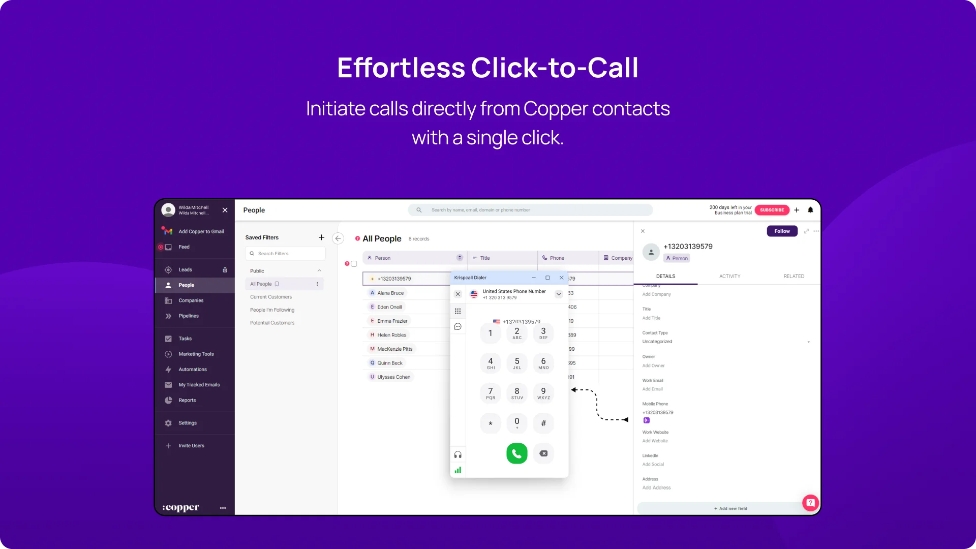 Initiate calls directly from Copper contacts with a single click KrispCallxCopper image