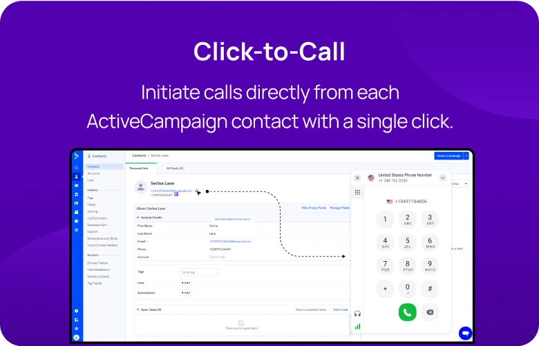 Initiate calls directly from each ActiveCampaign contact with a single click KrispCallxActiveCampaign respo img