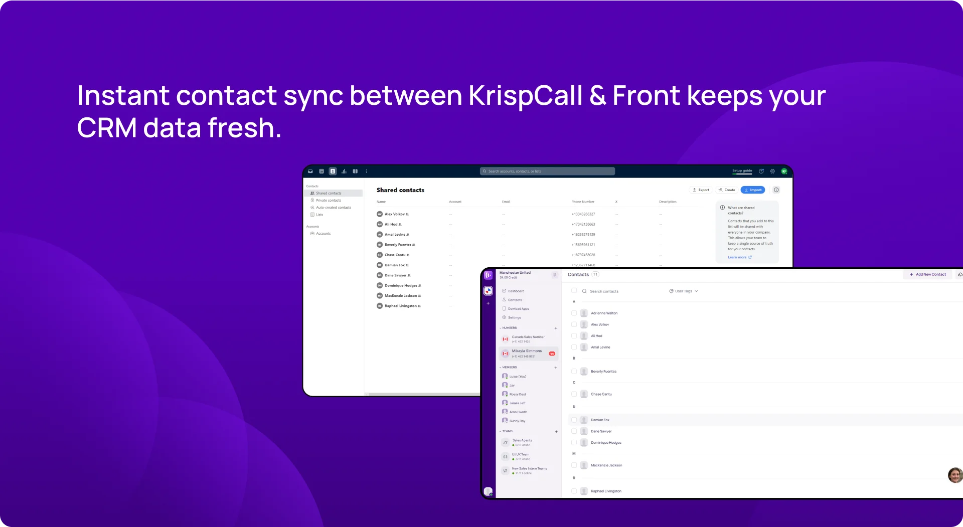 Instant contact sync between KrispCall & Front keeps your CRM data fresh. KrispCallxFront image