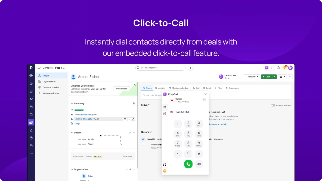 Instantly dial contacts directly from deals with our embedded click-to-call feature KrispCallxPipedrive img