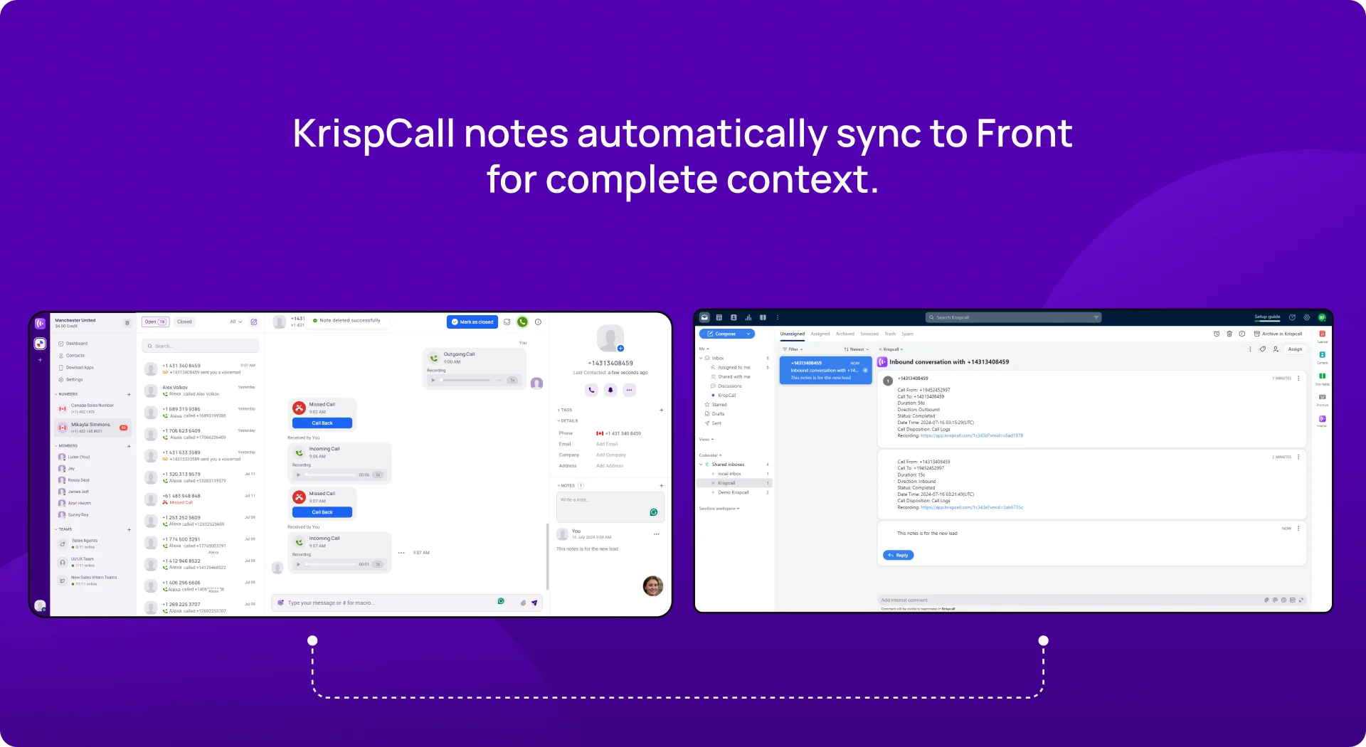 KrispCall notes automatically sync to Front for complete context. KrispCallxFront image