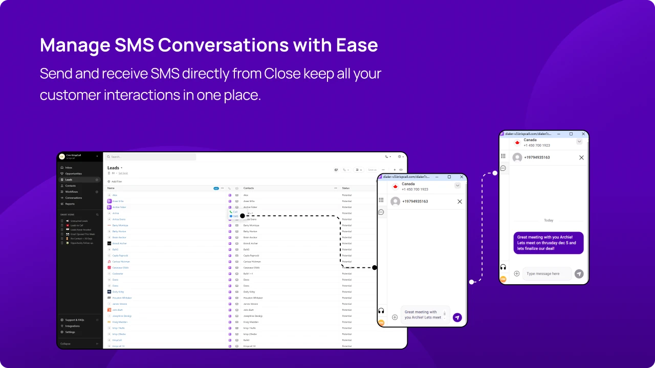 KrispCallxClose Send and receive SMS directly from Close keep all your customer interactions in one place img