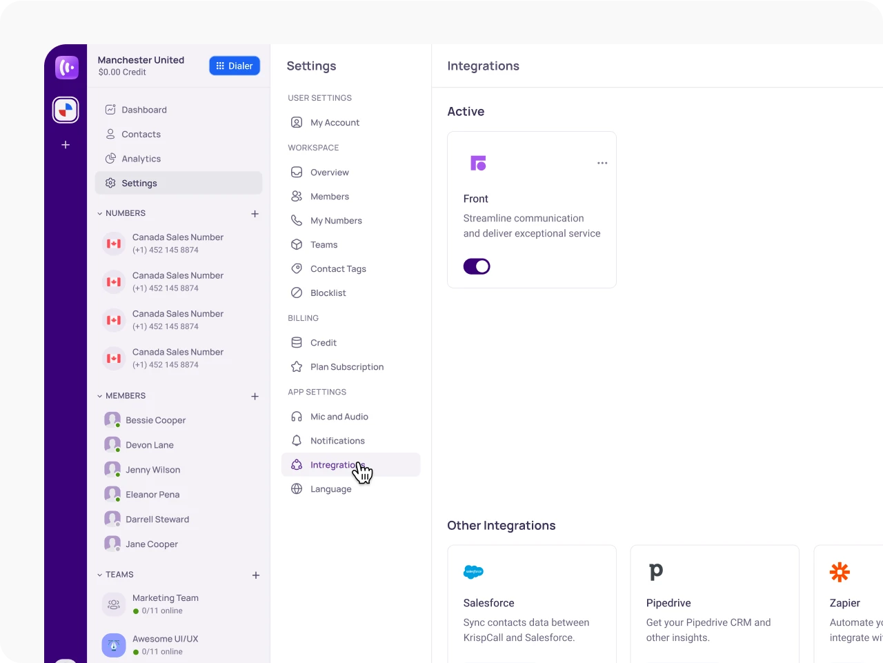 KrispCallxFront Navigate to Integration Settings image