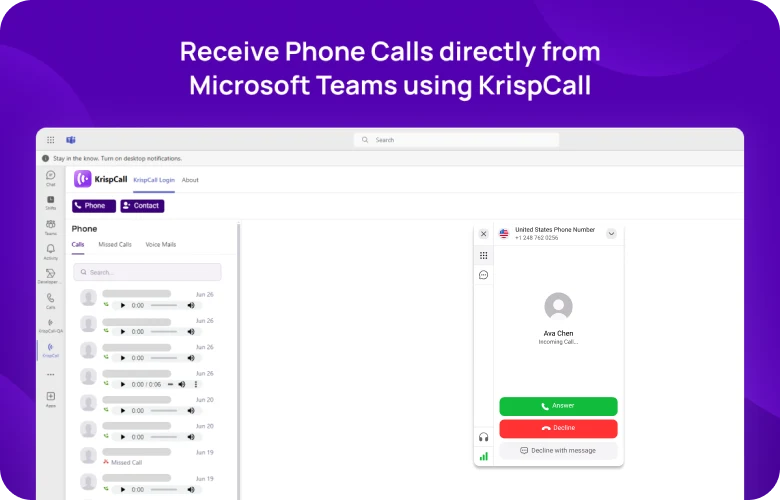 KrispCallxMicrosoft_Teams Receive Phone Calls directly from Microsoft Teams using KrispCall respo img