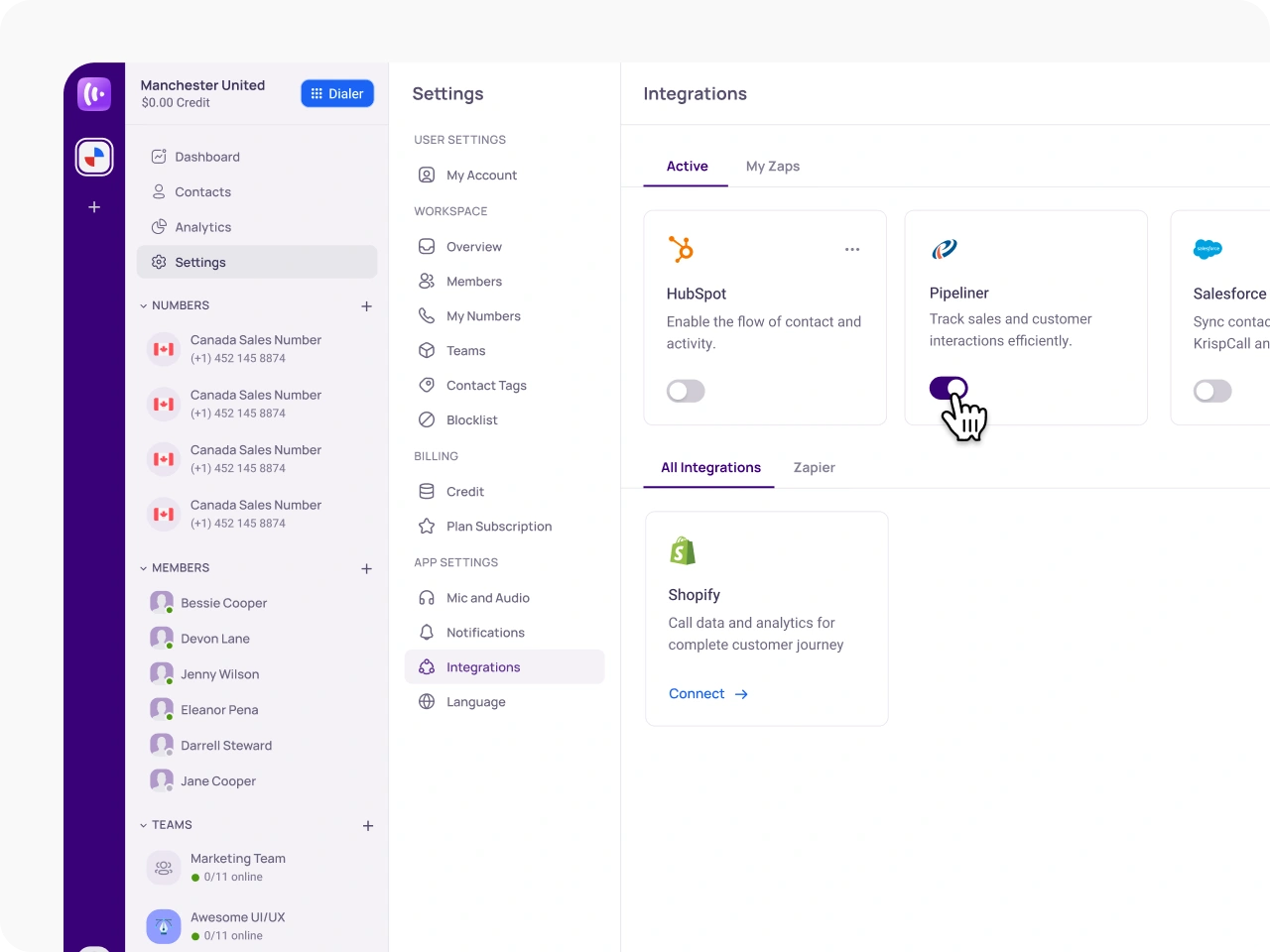 KrispCallxPipeliner Manage Active Integration img