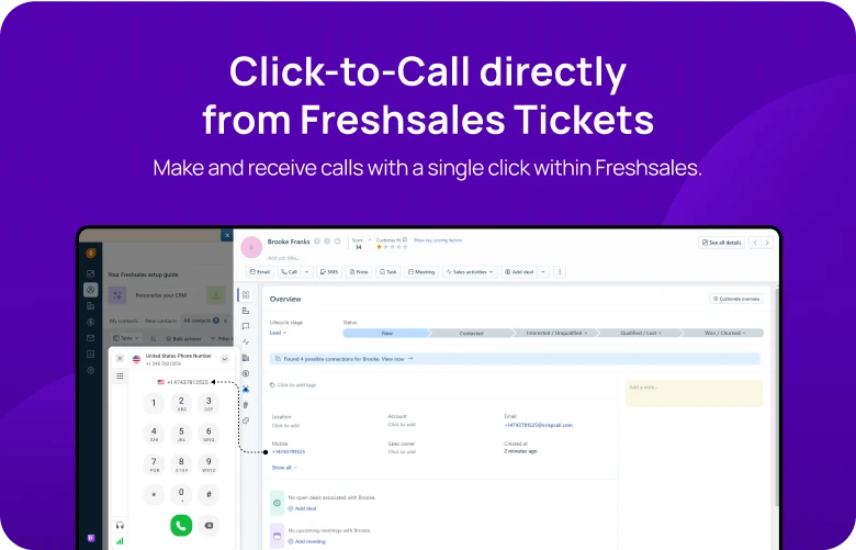 Make and receive calls with a single click within Freshsales KrispCallxFreshsales respo img
