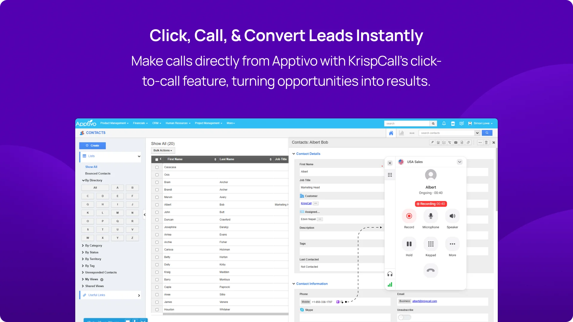 Make calls directly from Apptivo with KrispCall’s click-to-call feature, turning opportunities into results img