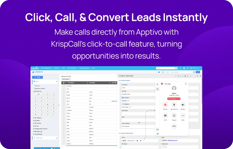 Make calls directly from Apptivo with KrispCall’s click-to-call feature, turning opportunities into results mobile img