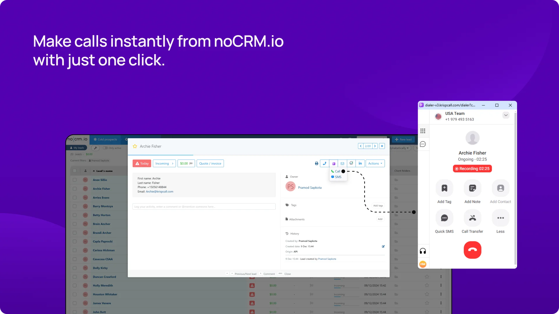 Make calls instantly from noCRM.io with just one click image