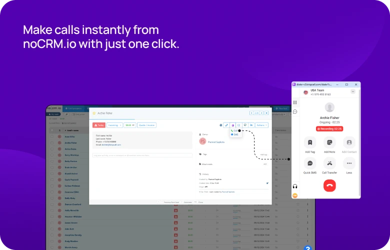 Make calls instantly from noCRM.io with just one click mobile image