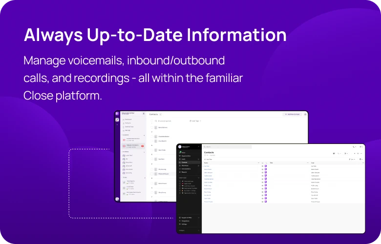 Manage voicemails, inboundoutbound calls, and recordings - all within the familiar Close platform KrispCallxClose respo img