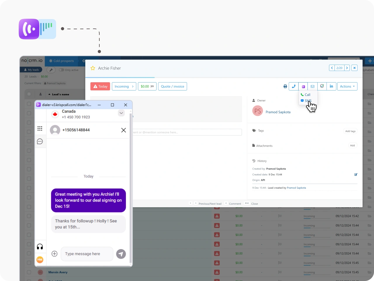 Message Leads With One Click KrispCallxnoCRM.io image