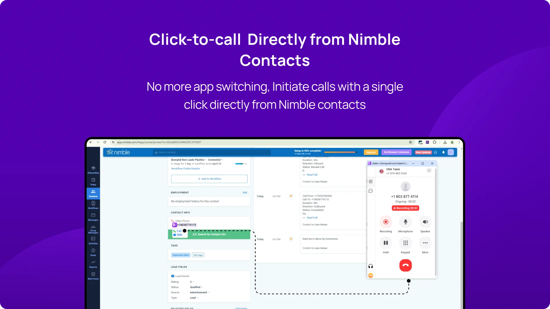 No more app switching, Initiate calls with a single click directly from Nimble contacts  img