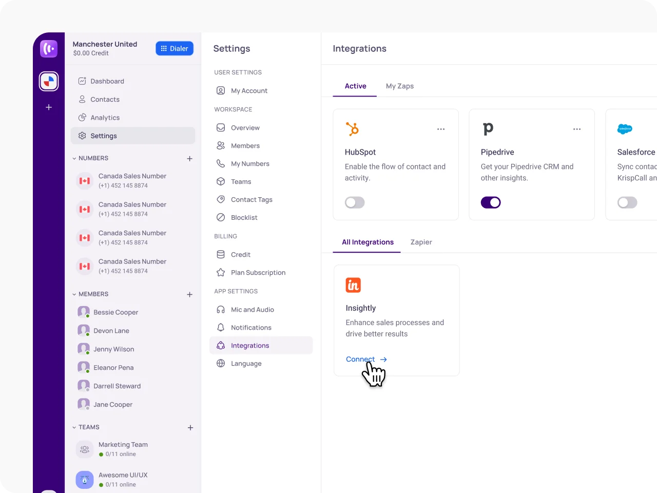 Open the Integration Menu and Select Insightly