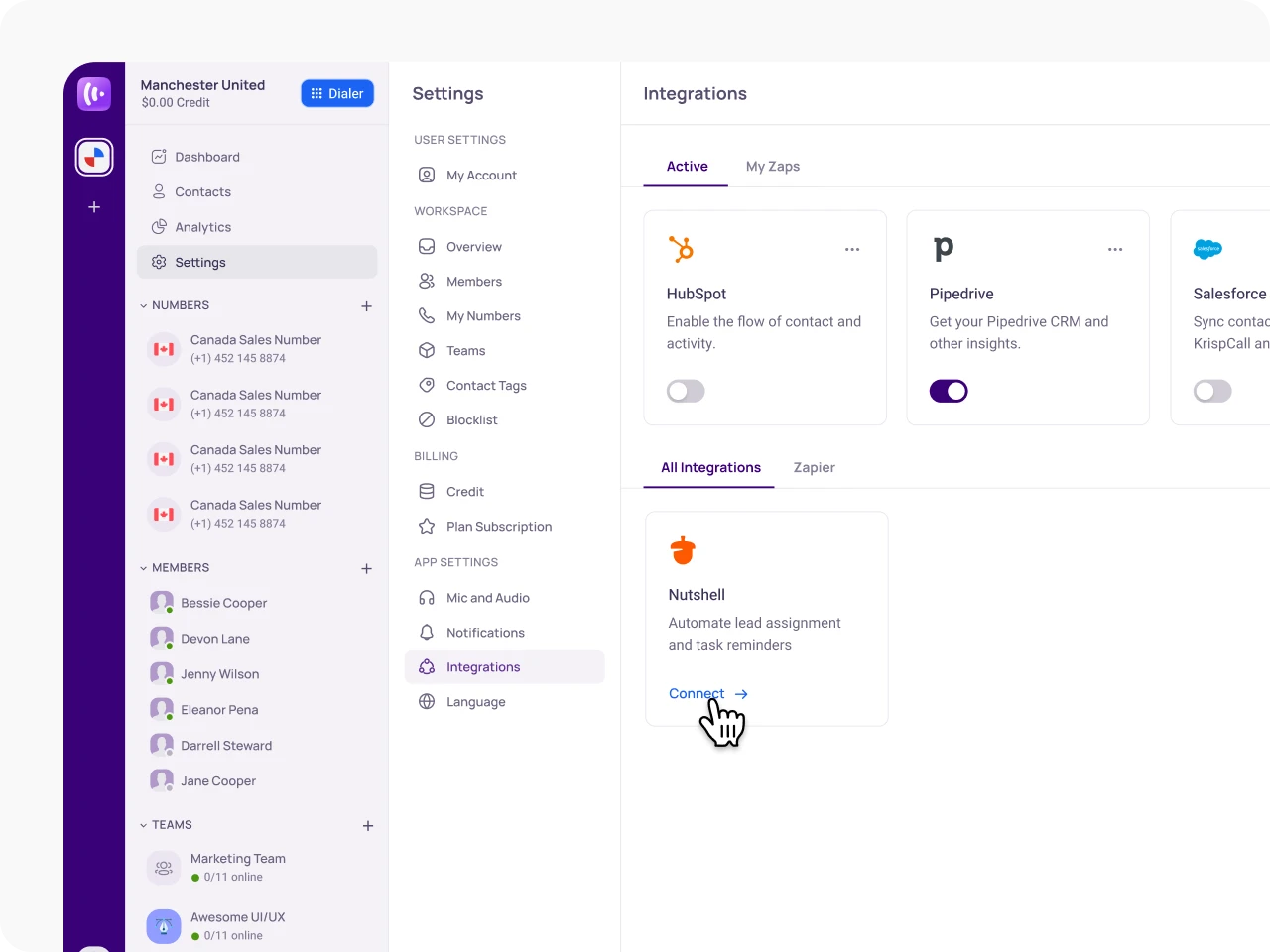 Open the Integration Menu and Select Nutshell KrispCallxNutshell img