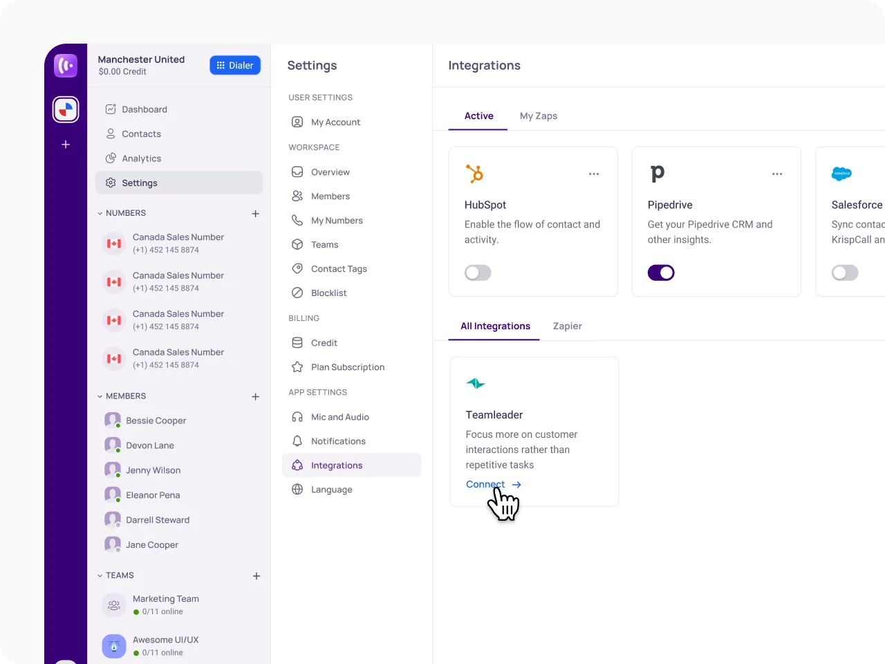 Open the Integration Menu and Select TeamLeader