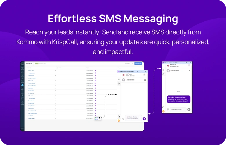 Send and receive SMS directly from Kommo with KrispCall, ensuring your updates are quick, personalized, and impactful mobile img
