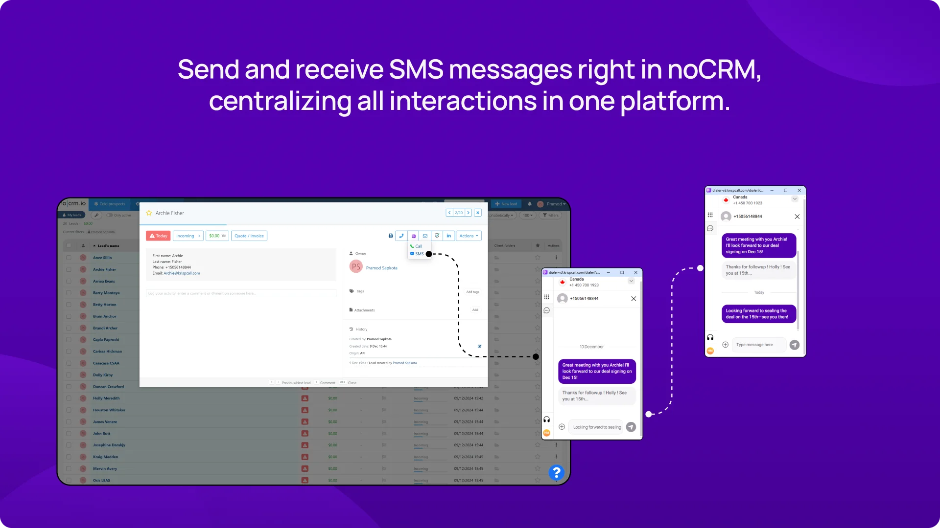 Send and receive SMS messages right in noCRM, centralizing all interactions in one platform image