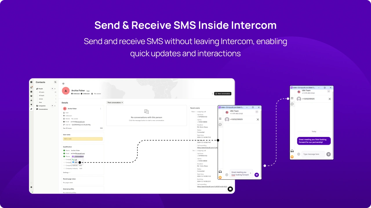 Send and receive SMS without leaving Intercom, enabling quick updates and interactions img