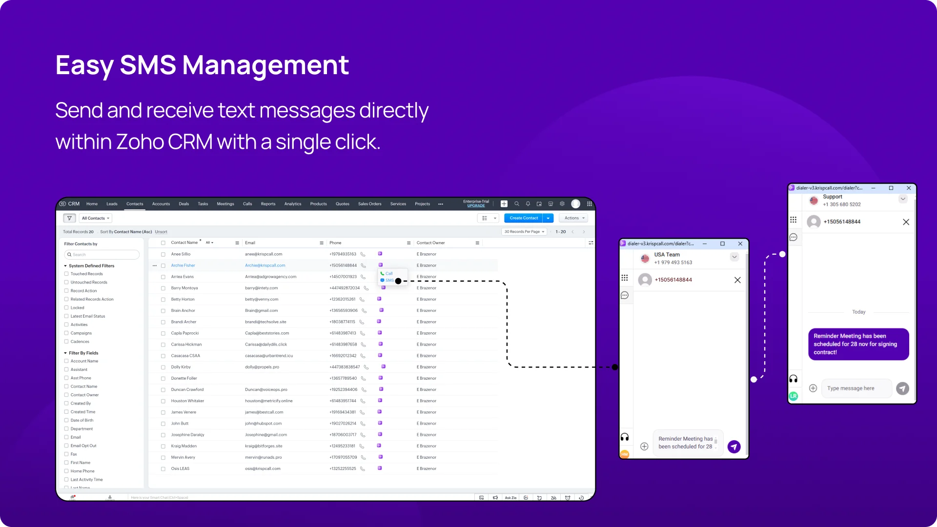 Send and receive text messages directly within Zoho CRM with a single click KrispCallxZoho_CRM img