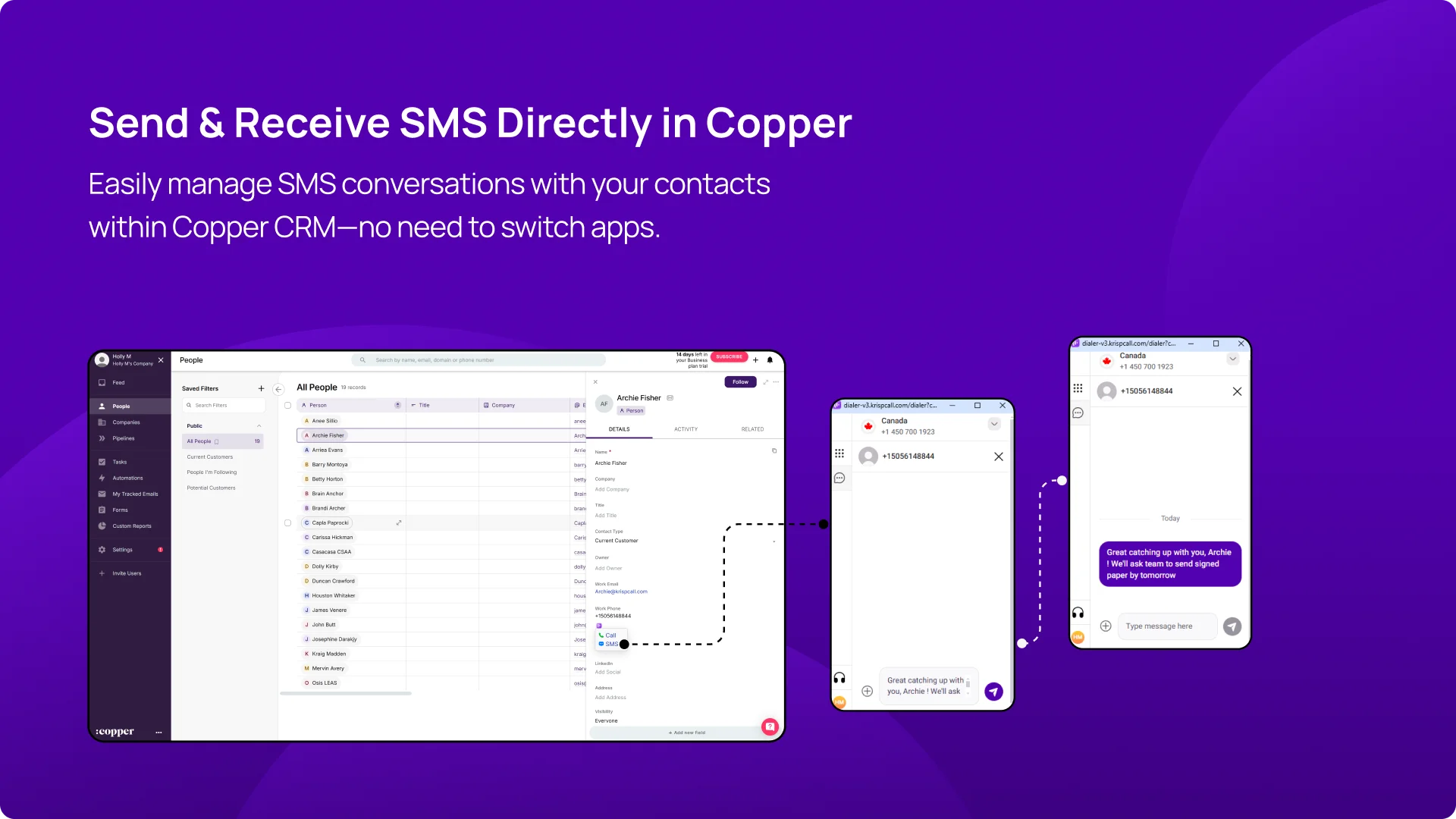Send & Receive SMS Directly in Copper KrispCallxCopper img