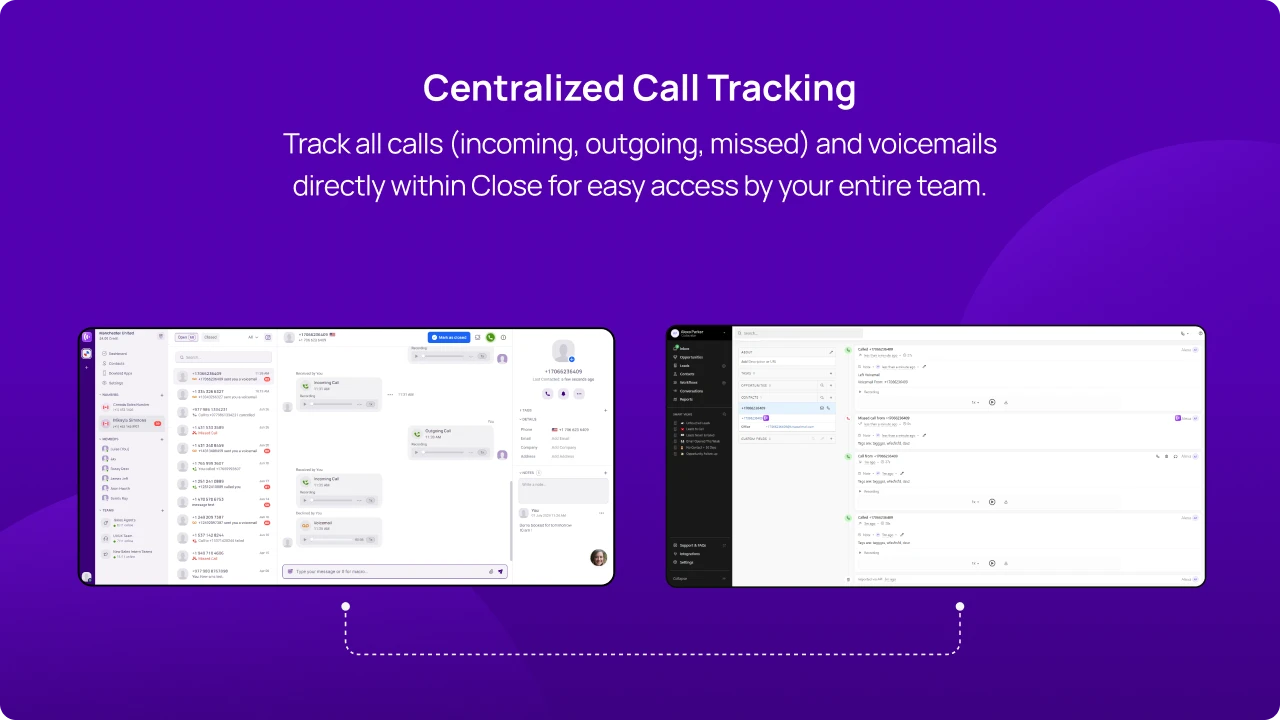 Track all calls (incoming, outgoing, missed) and voicemails directly within Close for easy access by your entire team KrispCallxClose img