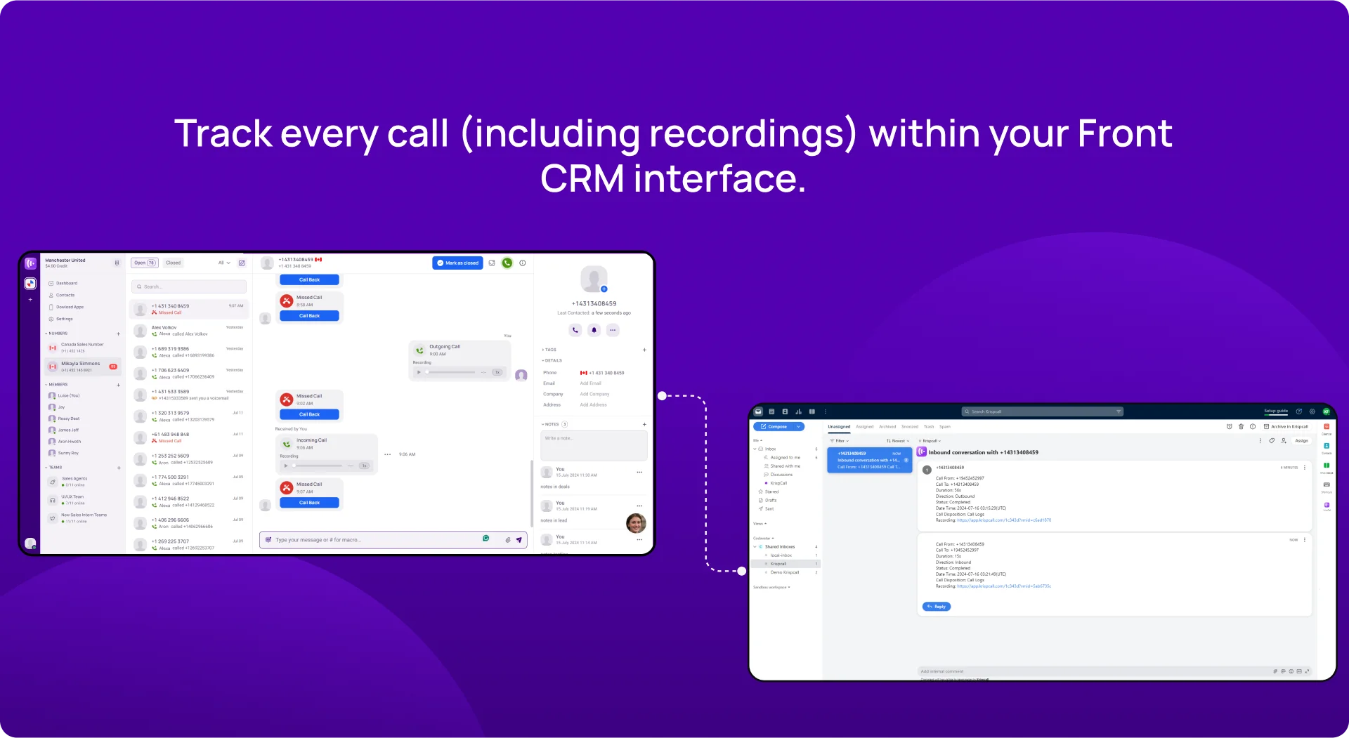 Track every call (including recordings) within your Front CRM interface. KrispCallxFront image