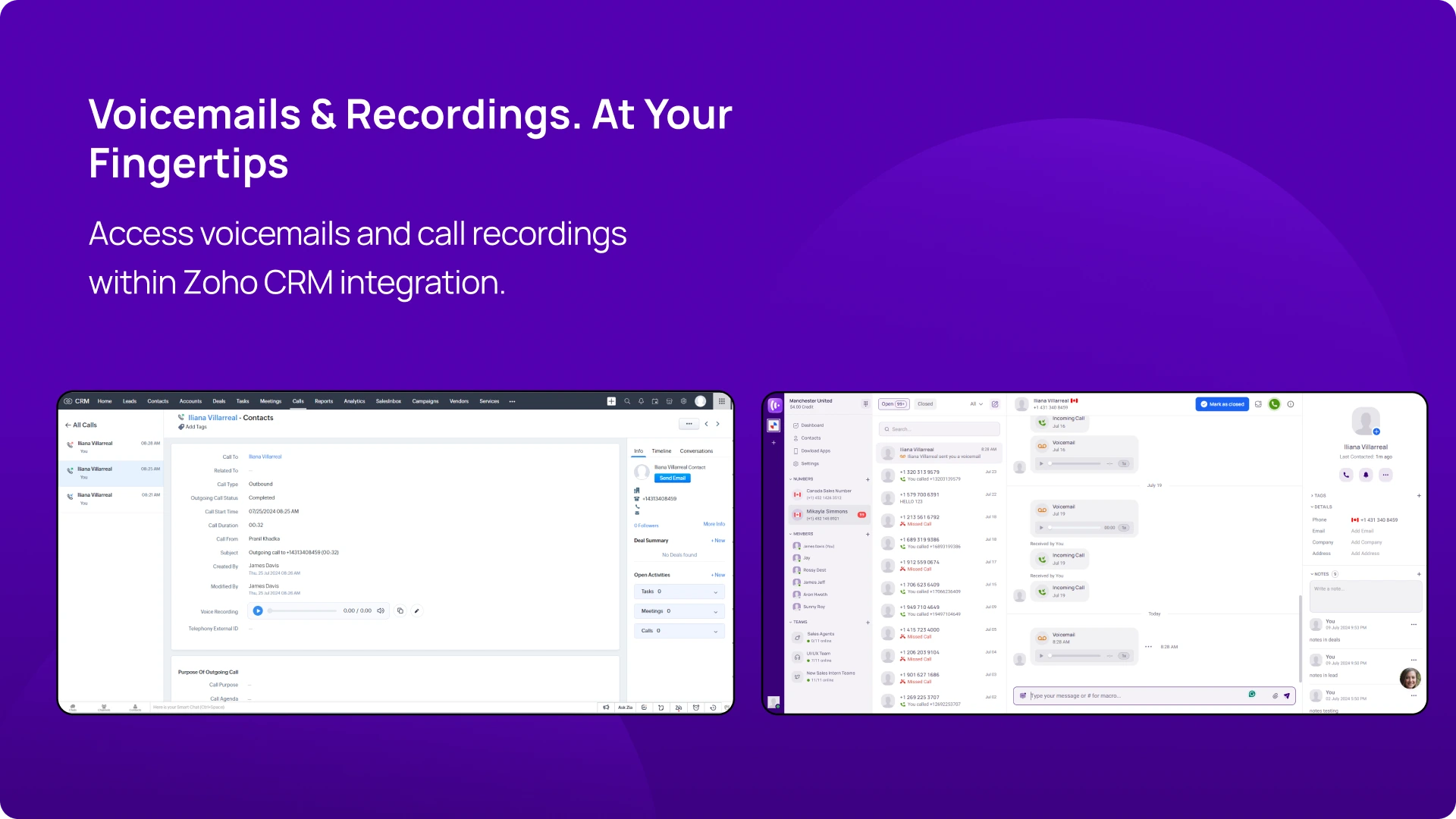 Voicemails & Recordings. At Your Fingertips KrispCallxZoho_CRM img